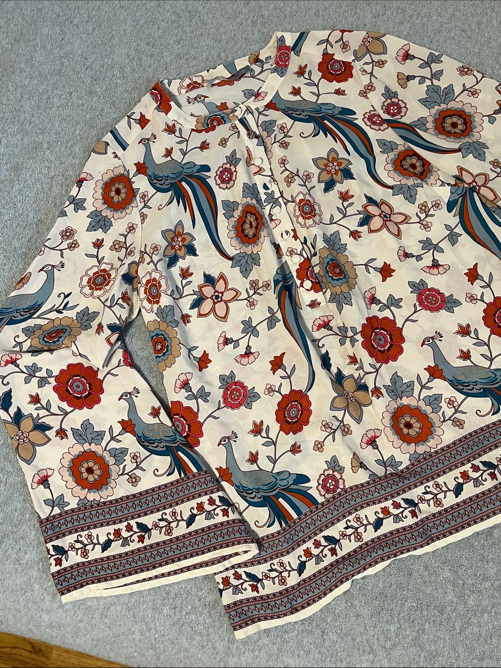 Octavia Boho Top Bird Floral Medium Long Sleeve Office Career Whimsical